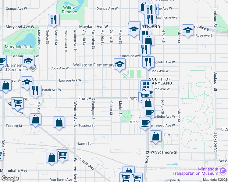 map of restaurants, bars, coffee shops, grocery stores, and more near 998 Galtier Street in Saint Paul