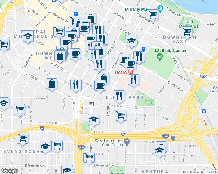 map of restaurants, bars, coffee shops, grocery stores, and more near in Minneapolis
