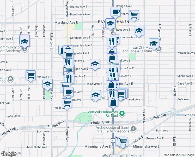 map of restaurants, bars, coffee shops, grocery stores, and more near 1000 Walsh Street in Saint Paul