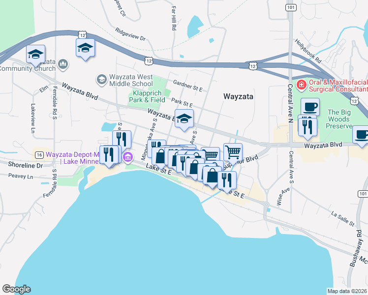 map of restaurants, bars, coffee shops, grocery stores, and more near 620 Rice Street East in Wayzata