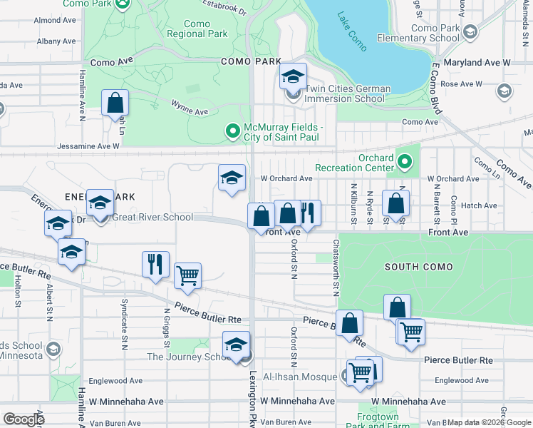 map of restaurants, bars, coffee shops, grocery stores, and more near 1006 North Churchill Street in Saint Paul