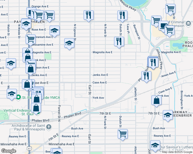 map of restaurants, bars, coffee shops, grocery stores, and more near 1099 Jenks Avenue East in Saint Paul