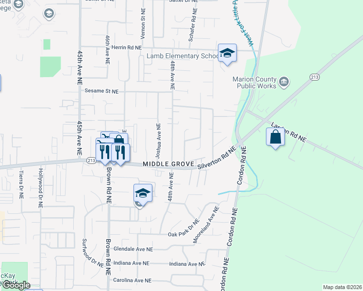 map of restaurants, bars, coffee shops, grocery stores, and more near 3631 Silverstone Court Northeast in Salem