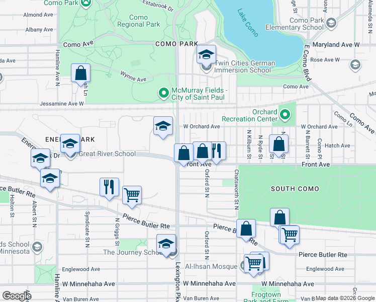 map of restaurants, bars, coffee shops, grocery stores, and more near 1006 North Churchill Street in Saint Paul