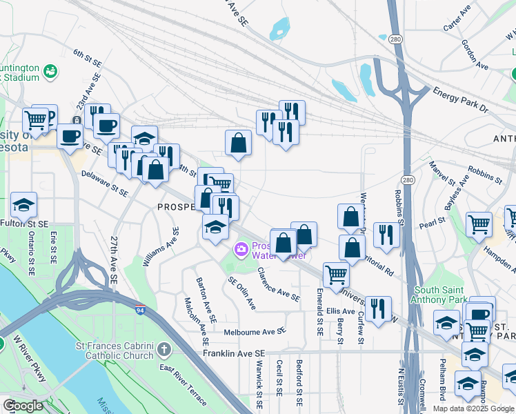 map of restaurants, bars, coffee shops, grocery stores, and more near 1 Malcolm Avenue Southeast in Minneapolis