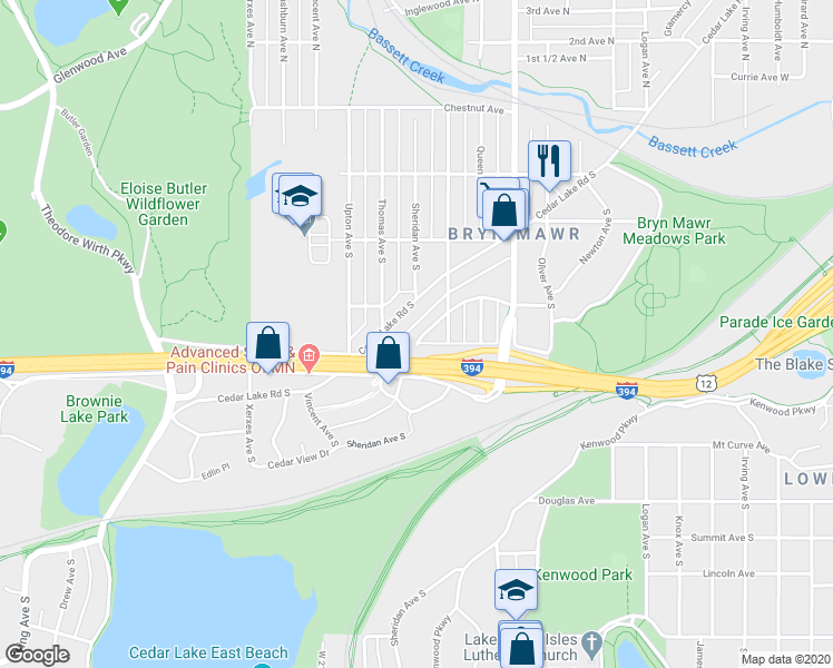 map of restaurants, bars, coffee shops, grocery stores, and more near 605 Cedar Lake Road South in Minneapolis