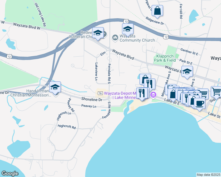 map of restaurants, bars, coffee shops, grocery stores, and more near 222 Ferndale Road South in Wayzata