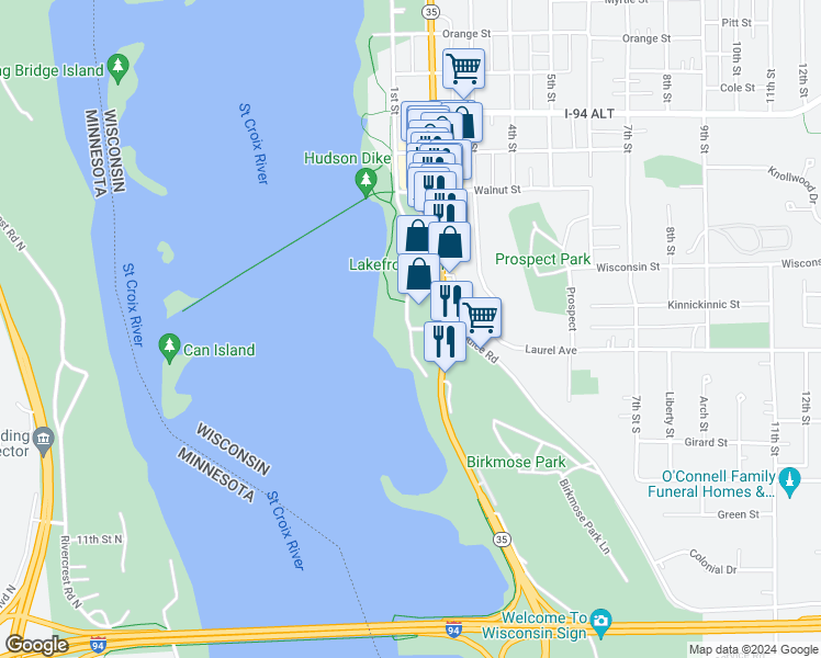 map of restaurants, bars, coffee shops, grocery stores, and more near 1 1st Street in Hudson