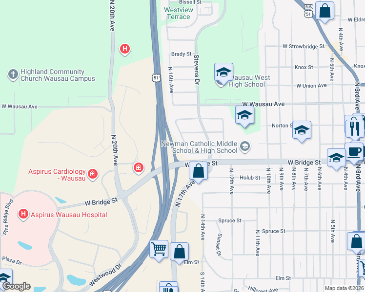 map of restaurants, bars, coffee shops, grocery stores, and more near 634 North 16th Avenue in Wausau