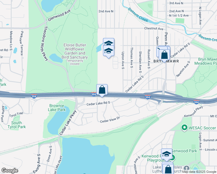 map of restaurants, bars, coffee shops, grocery stores, and more near 2800 South Wayzata Boulevard in Minneapolis