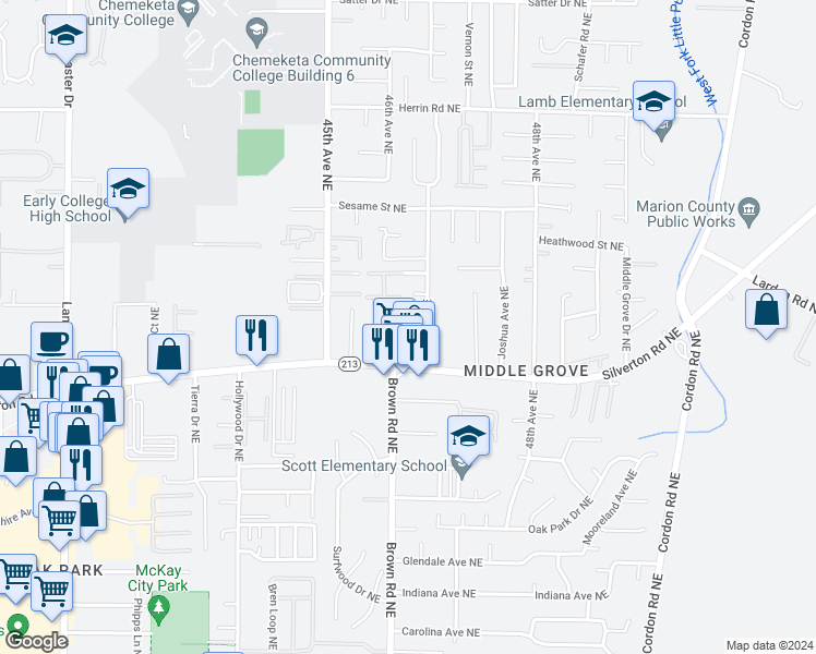 map of restaurants, bars, coffee shops, grocery stores, and more near 3607 47th Avenue Northeast in Salem