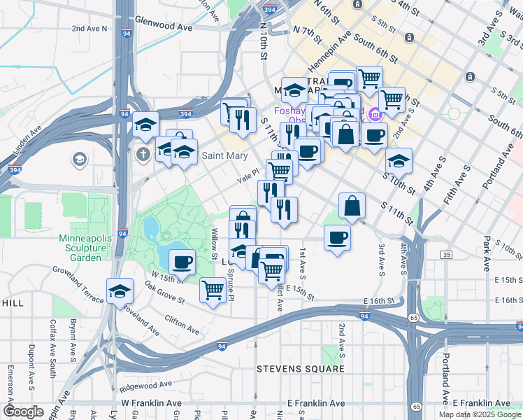 map of restaurants, bars, coffee shops, grocery stores, and more near 1317 Lasalle Avenue in Minneapolis