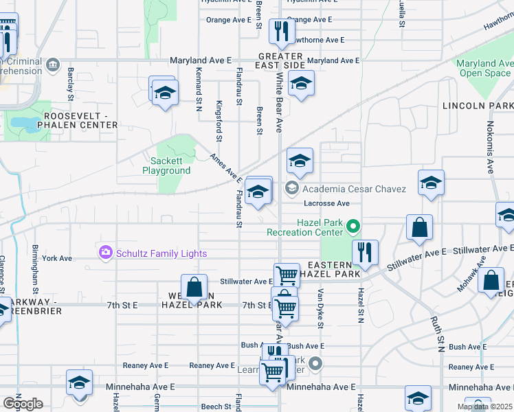 map of restaurants, bars, coffee shops, grocery stores, and more near 1750 Ames Place East in Saint Paul