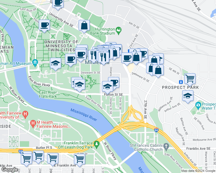 map of restaurants, bars, coffee shops, grocery stores, and more near 818 Essex Street Southeast in Minneapolis