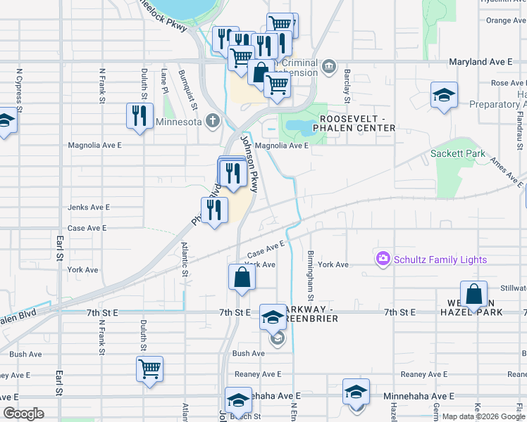 map of restaurants, bars, coffee shops, grocery stores, and more near 1355 Ames Avenue East in Saint Paul