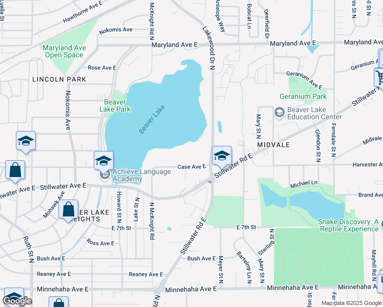 map of restaurants, bars, coffee shops, grocery stores, and more near 2351 Case Avenue East in Maplewood
