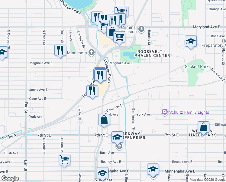map of restaurants, bars, coffee shops, grocery stores, and more near 1355 Ames Avenue East in Saint Paul