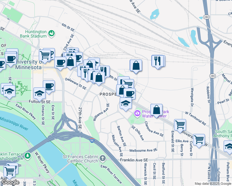 map of restaurants, bars, coffee shops, grocery stores, and more near in Minneapolis