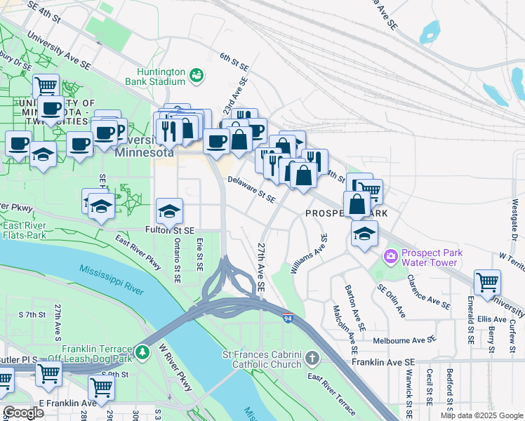 map of restaurants, bars, coffee shops, grocery stores, and more near 2640 Delaware Street Southeast in Minneapolis