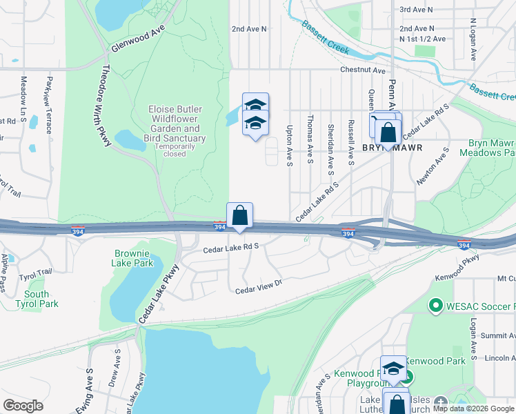 map of restaurants, bars, coffee shops, grocery stores, and more near 2800 South Wayzata Boulevard in Minneapolis