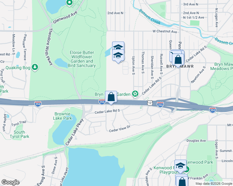 map of restaurants, bars, coffee shops, grocery stores, and more near 2800 South Wayzata Boulevard in Minneapolis