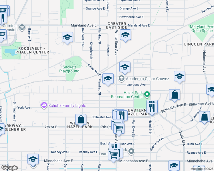 map of restaurants, bars, coffee shops, grocery stores, and more near 1750 Ames Place East in Saint Paul