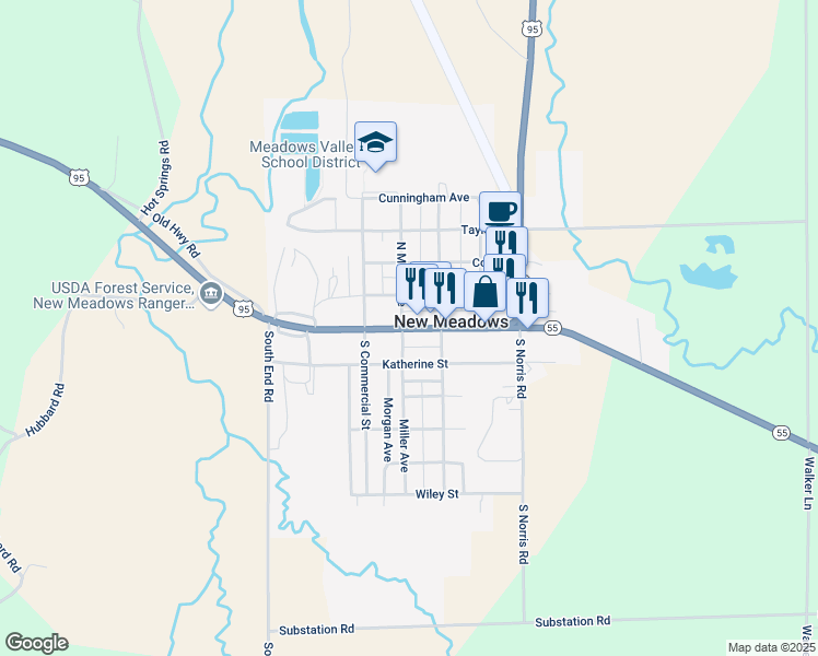 map of restaurants, bars, coffee shops, grocery stores, and more near 210 Virginia Street in New Meadows