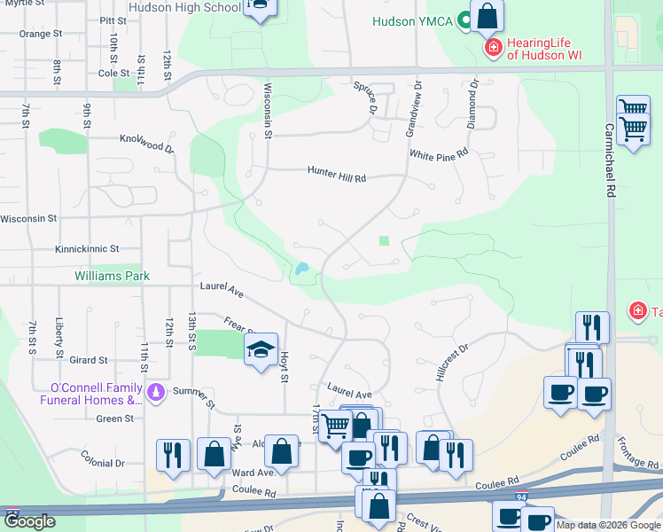 map of restaurants, bars, coffee shops, grocery stores, and more near 1705 Stonepine Court in Hudson