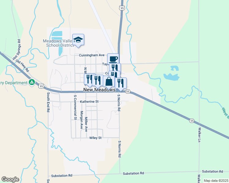 map of restaurants, bars, coffee shops, grocery stores, and more near Idaho 55 in New Meadows