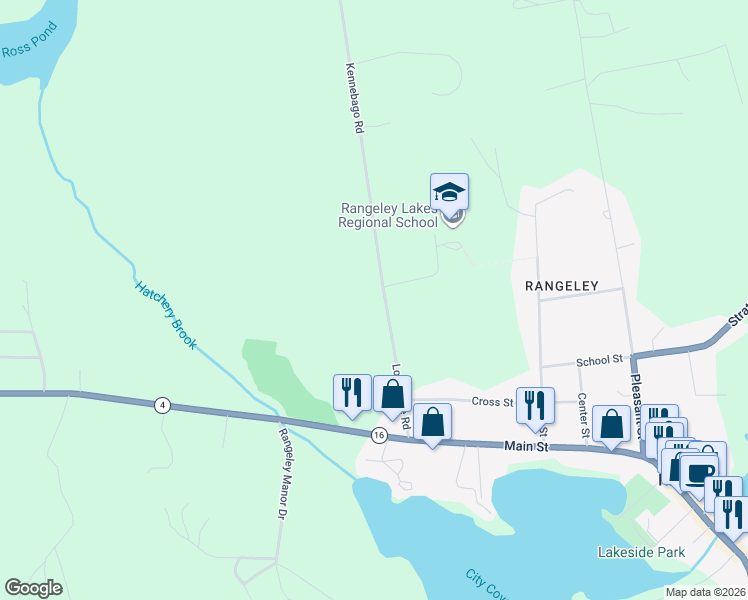 map of restaurants, bars, coffee shops, grocery stores, and more near 59 Loon Lake Road in Rangeley
