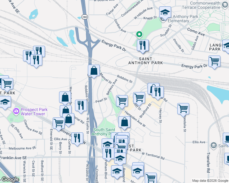 map of restaurants, bars, coffee shops, grocery stores, and more near 997 Bayless Avenue in Saint Paul
