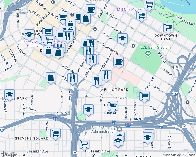map of restaurants, bars, coffee shops, grocery stores, and more near in Minneapolis