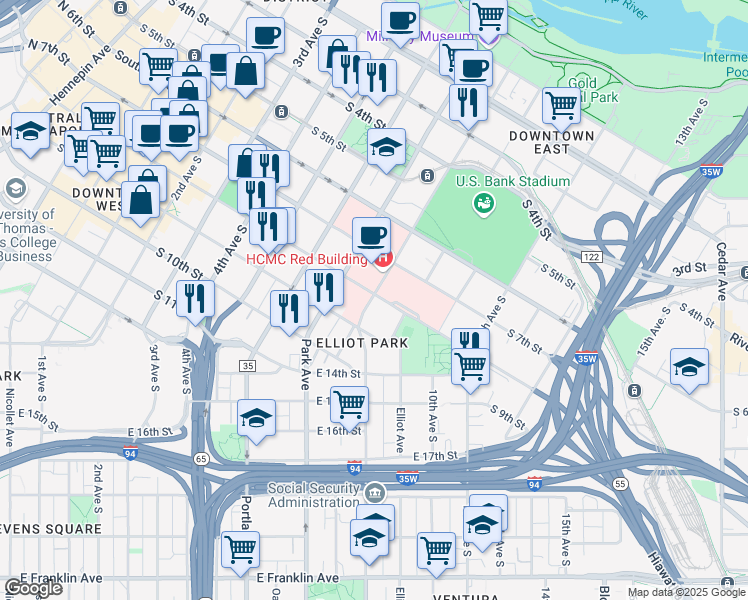 map of restaurants, bars, coffee shops, grocery stores, and more near 768 South 8th Street in Minneapolis