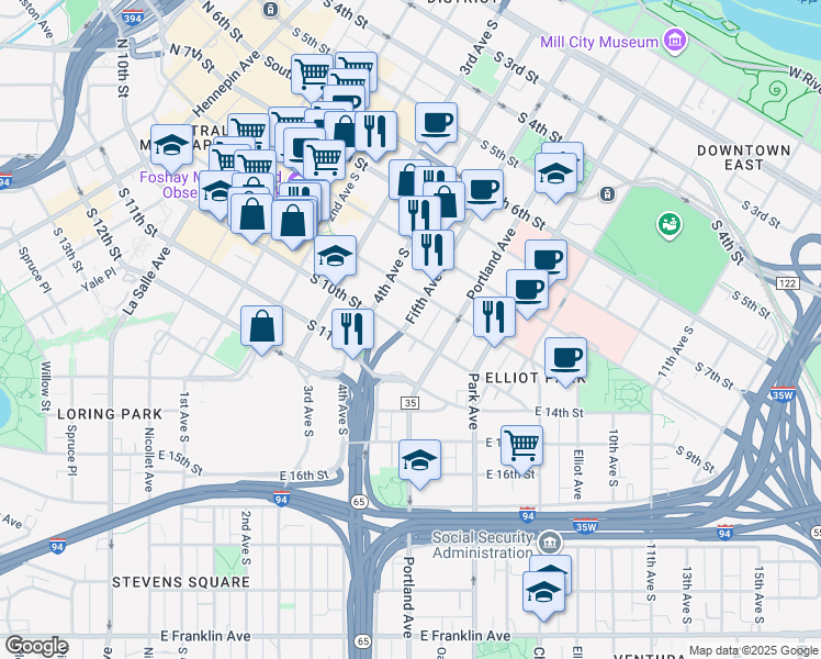 map of restaurants, bars, coffee shops, grocery stores, and more near 500 South 10th Street in Minneapolis