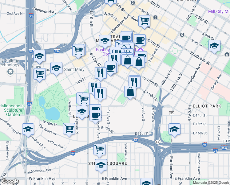 map of restaurants, bars, coffee shops, grocery stores, and more near 1200 South Marquette Avenue in Minneapolis