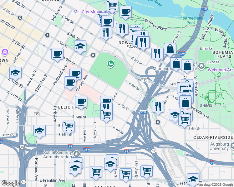 map of restaurants, bars, coffee shops, grocery stores, and more near 1107 South 6th Street in Minneapolis