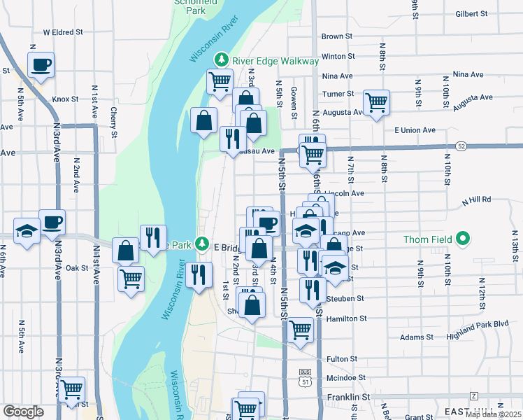 map of restaurants, bars, coffee shops, grocery stores, and more near 311 Lincoln Avenue in Wausau