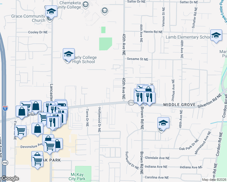 map of restaurants, bars, coffee shops, grocery stores, and more near 4410-4470 Conser Way Northeast in Salem