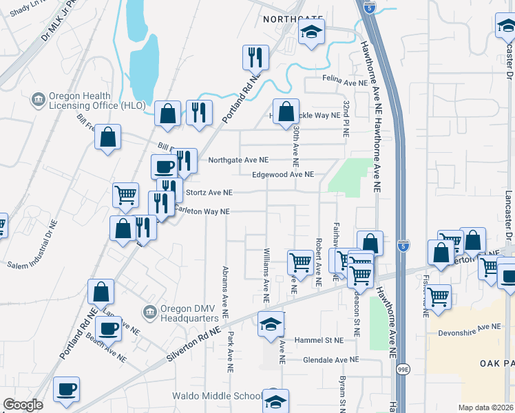 map of restaurants, bars, coffee shops, grocery stores, and more near 2523 Carleton Way Northeast in Salem
