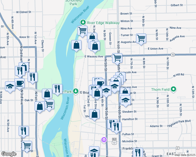 map of restaurants, bars, coffee shops, grocery stores, and more near 311 Lincoln Avenue in Wausau