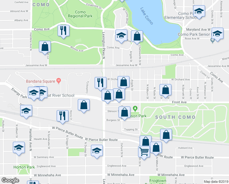 map of restaurants, bars, coffee shops, grocery stores, and more near 1006 North Churchill Street in Saint Paul
