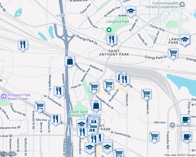 map of restaurants, bars, coffee shops, grocery stores, and more near 1021 Raymond Avenue in Saint Paul