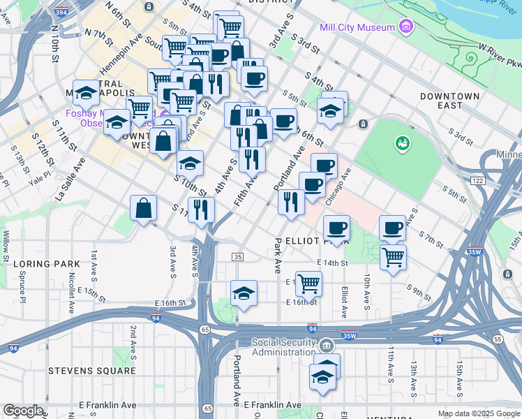 map of restaurants, bars, coffee shops, grocery stores, and more near in Minneapolis