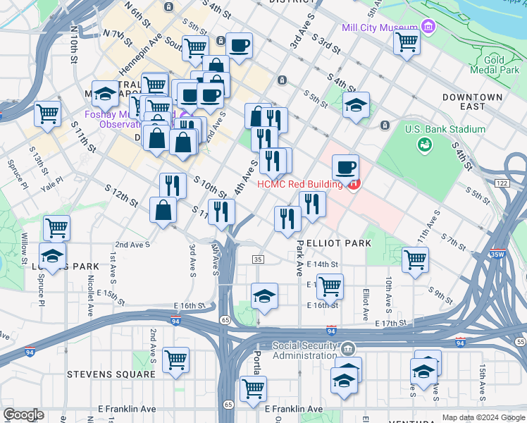 map of restaurants, bars, coffee shops, grocery stores, and more near 917 Fifth Avenue South in Minneapolis