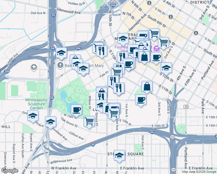 map of restaurants, bars, coffee shops, grocery stores, and more near 1317 Lasalle Avenue in Minneapolis