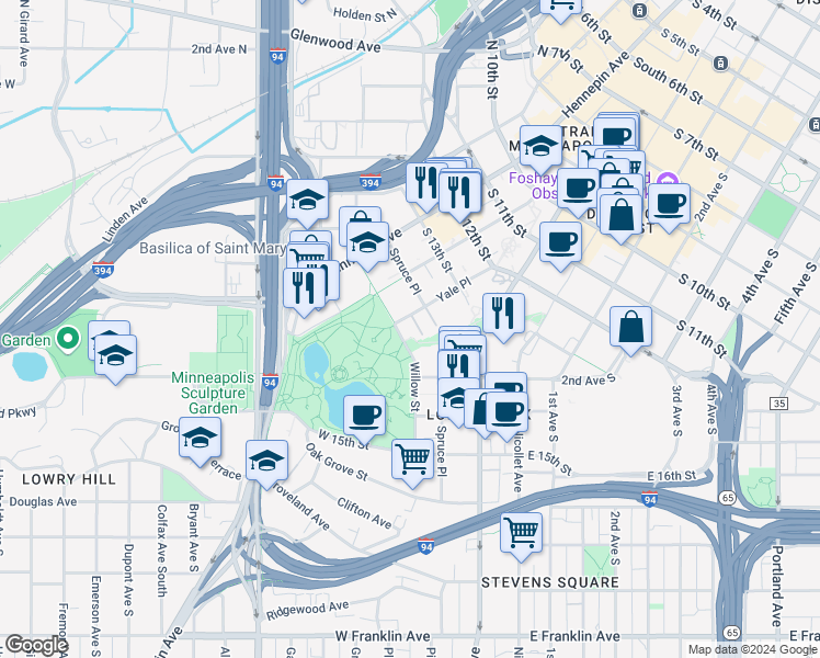 map of restaurants, bars, coffee shops, grocery stores, and more near in Minneapolis