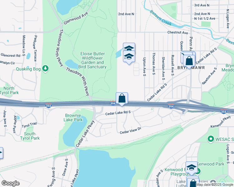 map of restaurants, bars, coffee shops, grocery stores, and more near N Wayzata Blvd in Minneapolis