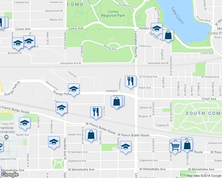 map of restaurants, bars, coffee shops, grocery stores, and more near 1180 Cushing Circle in Saint Paul