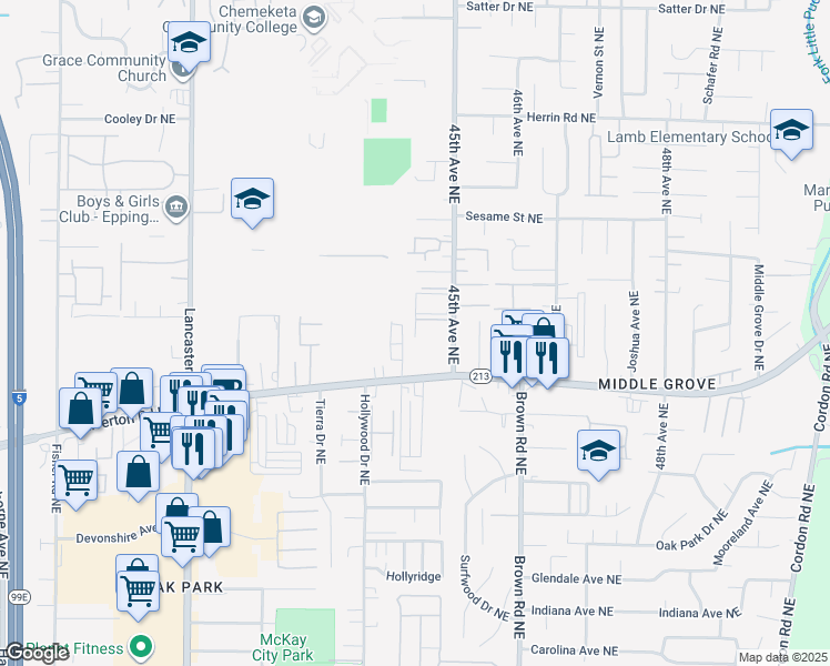 map of restaurants, bars, coffee shops, grocery stores, and more near 4410-4470 Conser Way Northeast in Salem