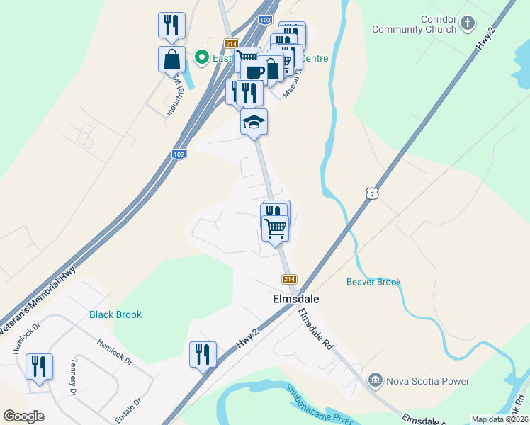 map of restaurants, bars, coffee shops, grocery stores, and more near 194 Elmsdale Road in Elmsdale